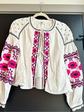 Free People Embroidered Blouse with Pink Accent